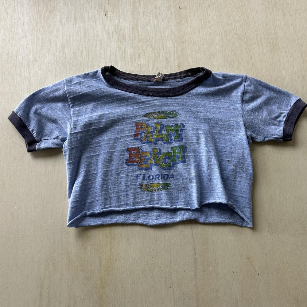 Vintage 70s Sportswear Shirt Women's Small Palm Beach Florida Ringer Crop Top